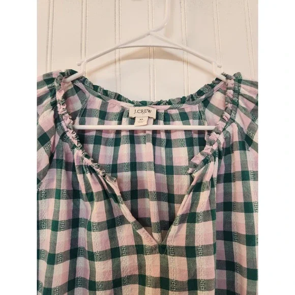 J.Crew Pink Green Gingham Ruffle Neck Cotton Sheer Peasant Blouse XL Flowy Boho - Picture 3 of 14